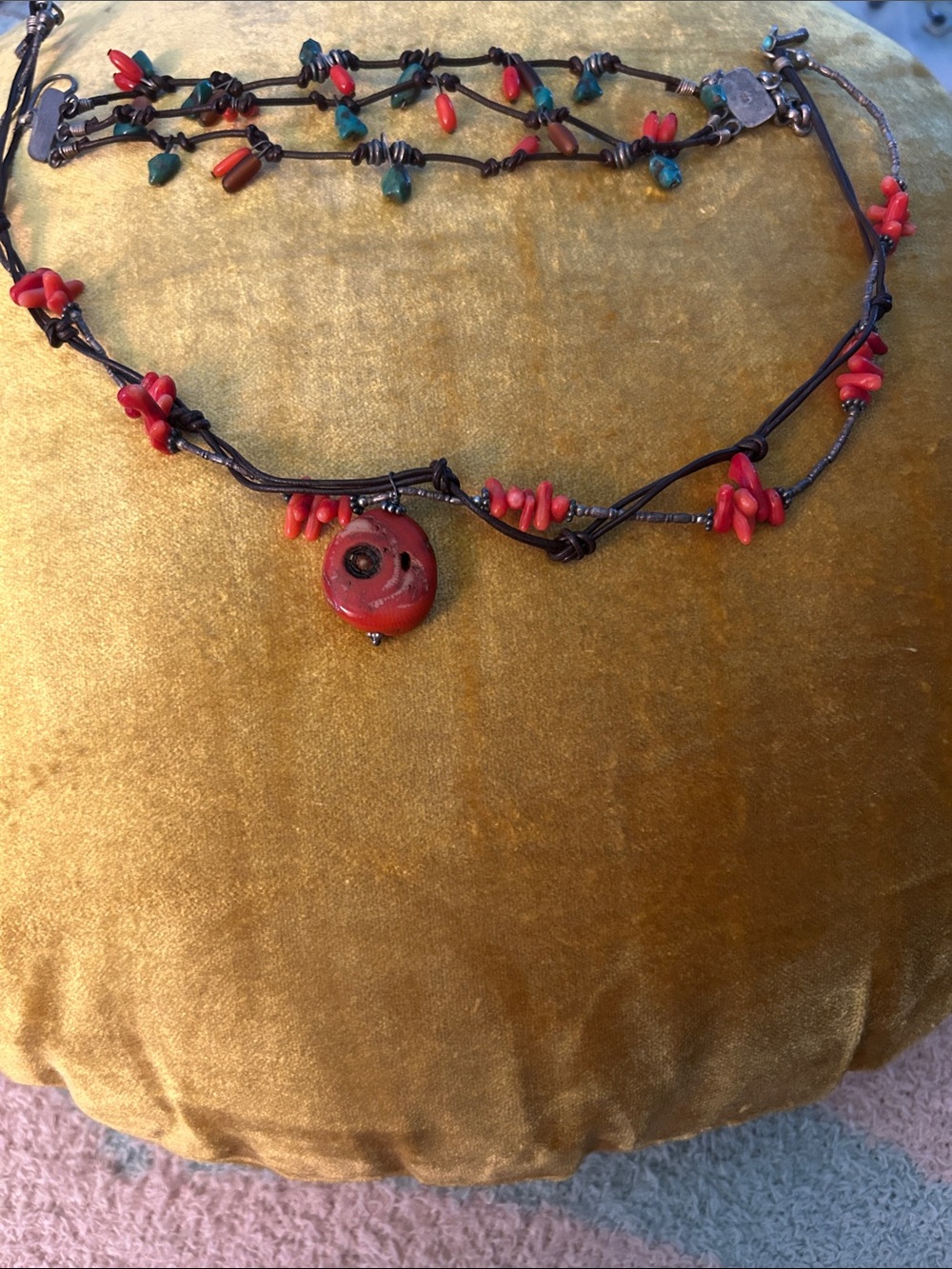 Boho Red Beaded Pendant and Bracelet & Necklace - Turquoise and Coral on Leather